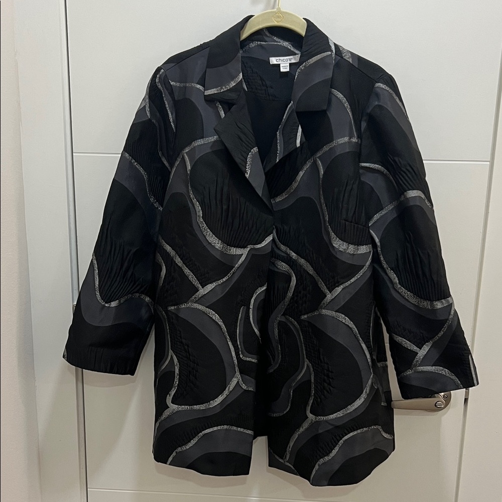 Chico's Black and Silver Retro Patterned Open Front Jacket Medium